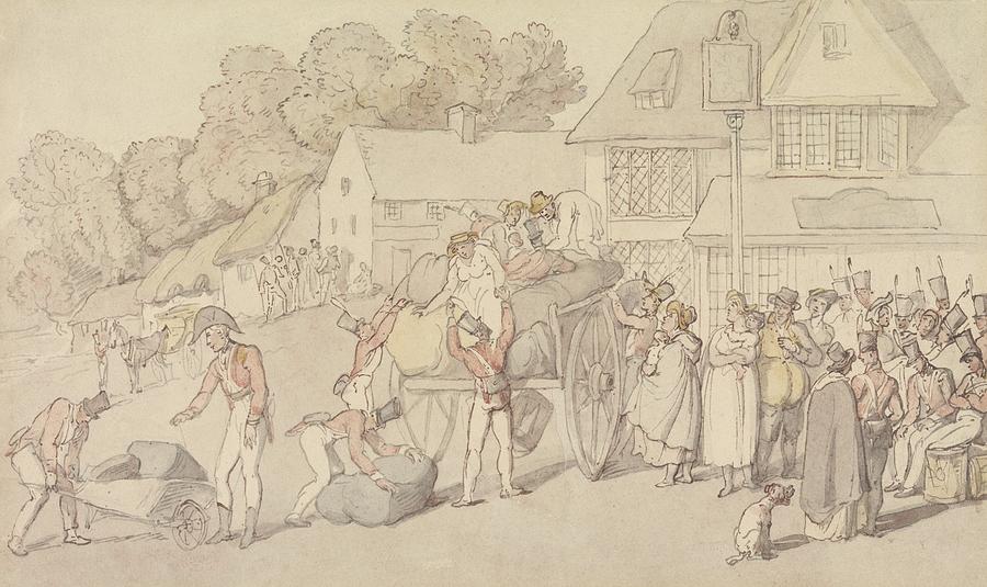 The Arrival of a Company of Militia at an Inn Drawing by Thomas Rowlandson