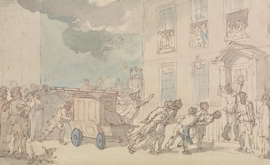 The Arrival of the Fire Engine Drawing by Thomas Rowlandson
