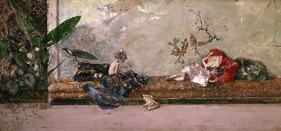 The Artists Children, Maria Luisa and Mariano, at the Salon Japones, 1874, Oil on canvas. Painting by Mariano Fortuny y Marsal -1838-1874-
