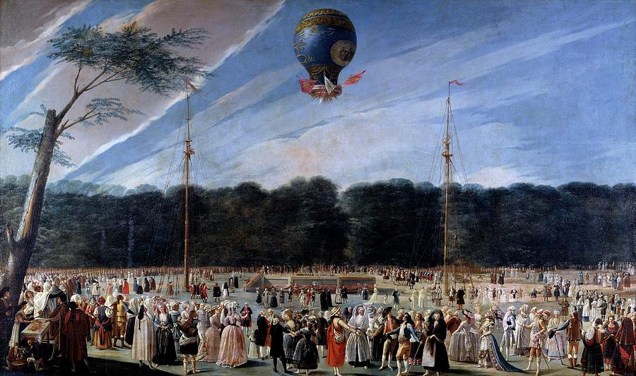 The Ascent of a Montgolfier Balloon in Aranjuez, 1784, Spanish School, Oil ... Painting by Antonio Carnicero -1748-1814-