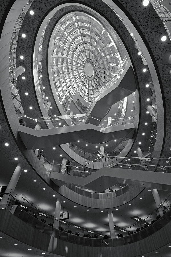 The atrium staircase of the Liverpool Central Library Monochrome Photograph by Jeff Townsend