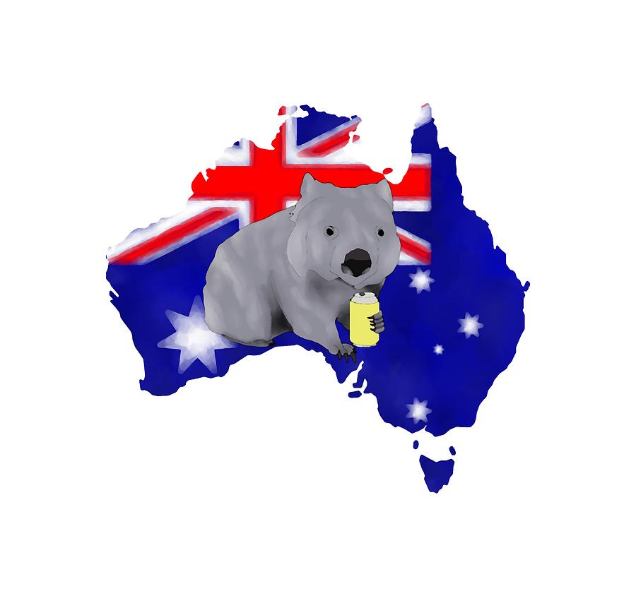 Australian flag behind a wombat enjoying a beer Digital Art Bahiti Aslimah