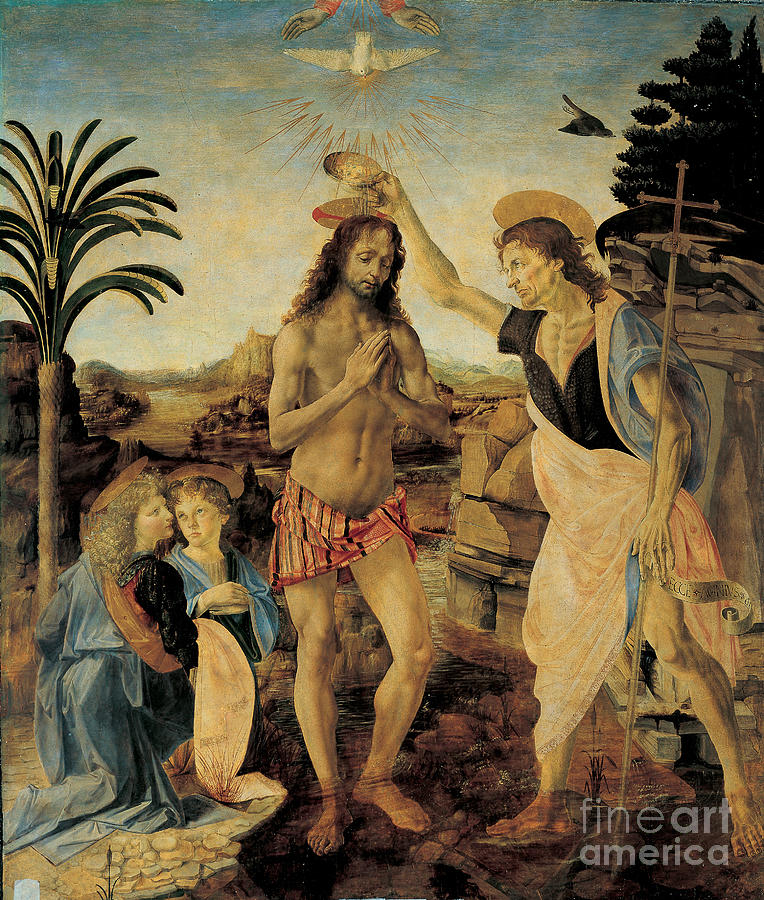 The Baptism Of Christ By Andrea Del Verrocchio And Leonardo Da Vinci Painting by Andrea Del Verrocchio