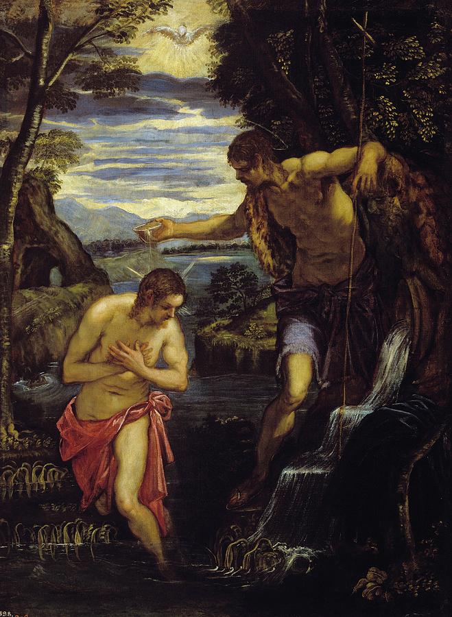The Baptism of Christ, ca. 1585, Italian School, Oil on canvas, 137 cm x... Painting by Domenico Tintoretto -1560-1635-