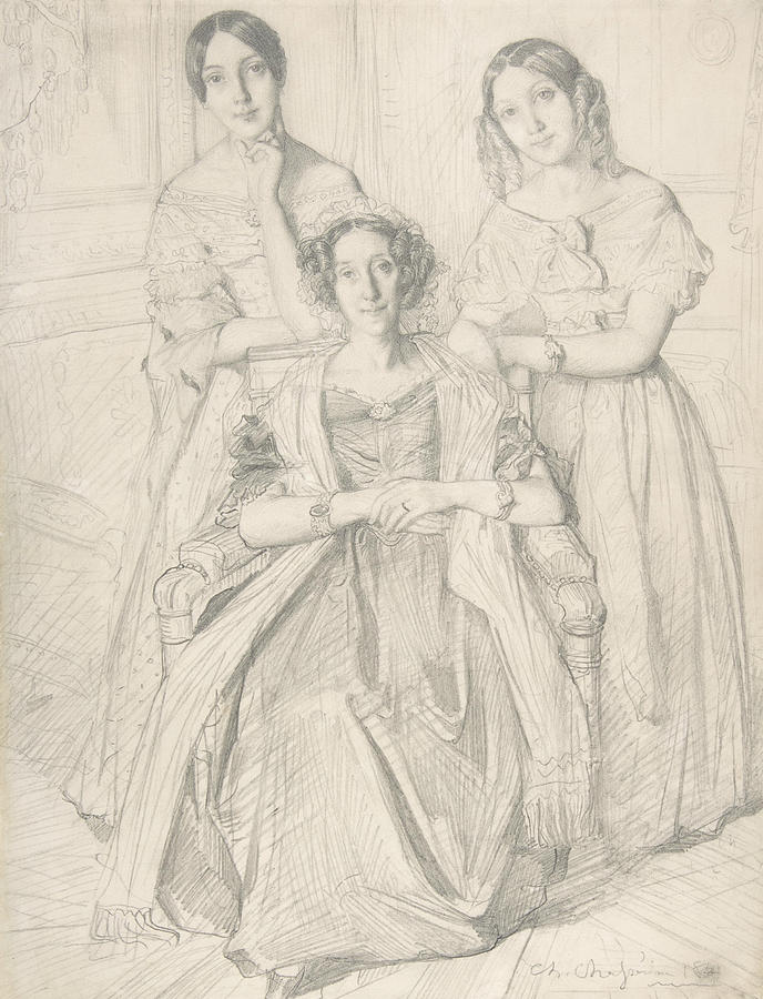 The Baroness Duperre and Her Daughters Drawing by Theodore Chasseriau