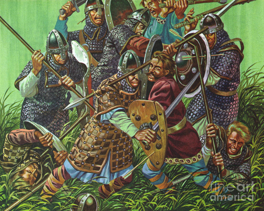 The Battle Of Hastings, 1066 AD, fought with spears, swords and axes  Painting by Ron Embleton