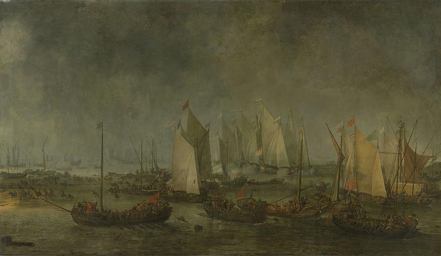 The Battle on the Slaak between the Dutch and Spanish Fleets during the Night of 12-13 September ... Painting by Simon de Vlieger