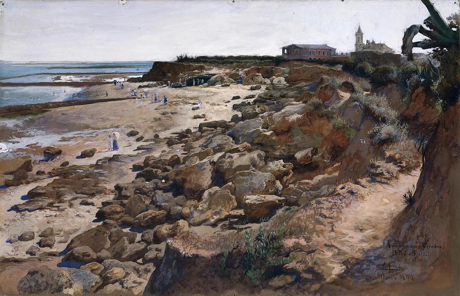 The Beach at Chipiona. 1899. Gouache / tempera on paper. Painting by Jose Jimenez Aranda -1837-1903-