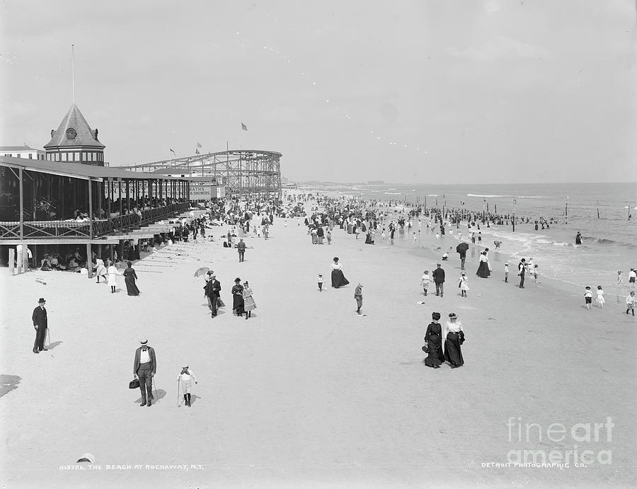 Beach Photograph - The Beach At Rockaway, New York, 1900-06 (b/w Photo) by Detroit Publishing Co