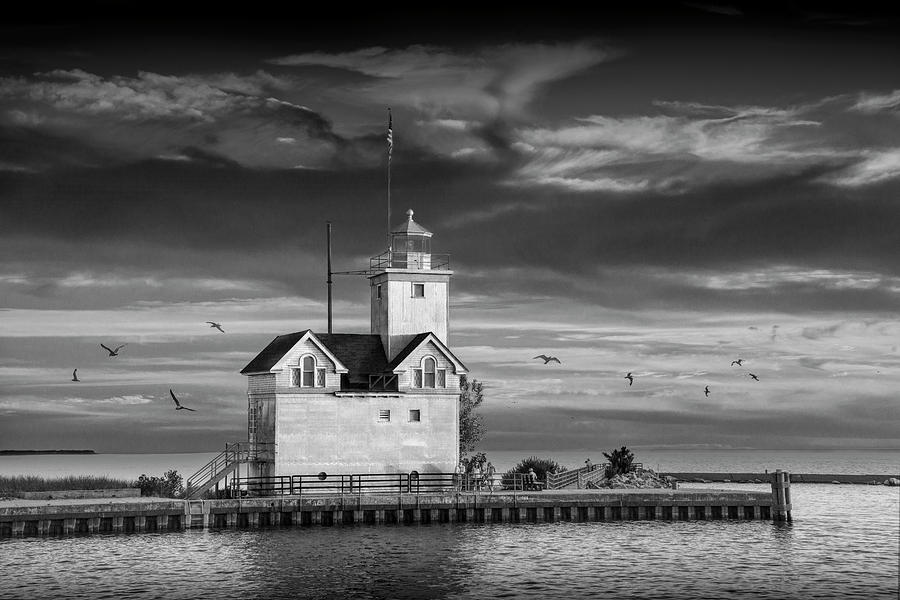 The Big Red Lighthouse in Black and White at Sunset on Lake Mich Photograph by Randall Nyhof