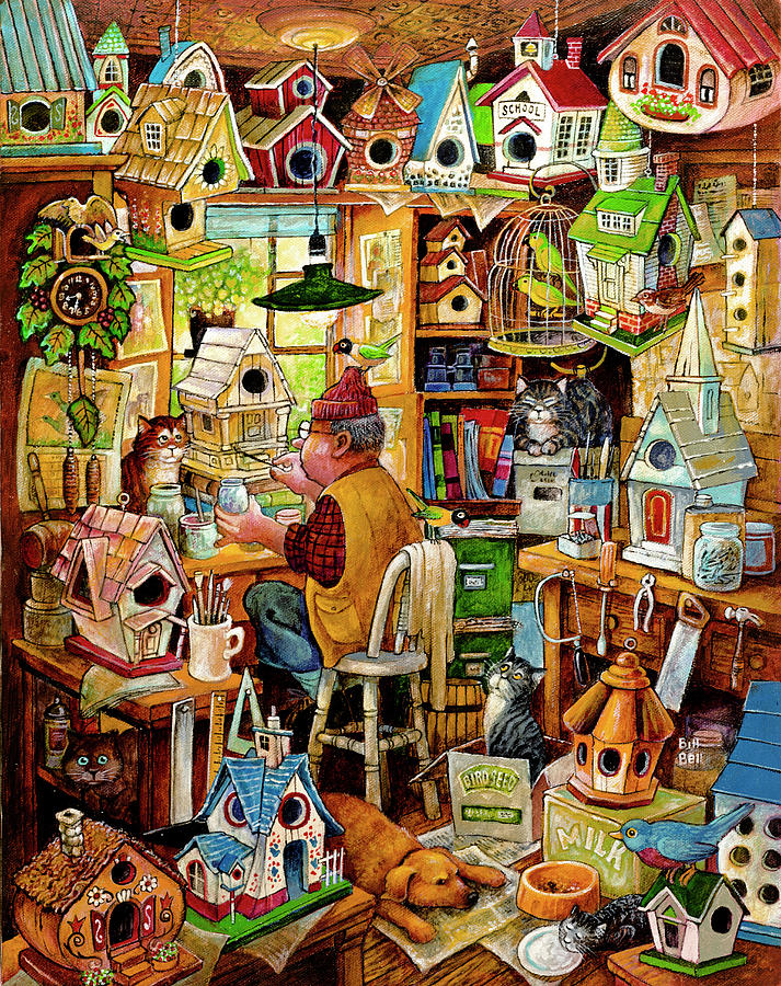 Cat Painting - The Birdhouse Man by Bill Bell
