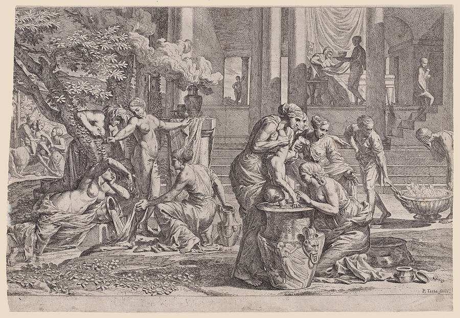 The birth and the infancy of Achilles Drawing by Pietro Testa