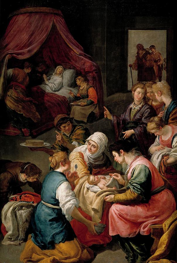The Birth of the Virgin, ca. 1642, Spanish School, Oil on canvas, 180 cm x 1... Painting by Jose Leonardo -1601-1652-