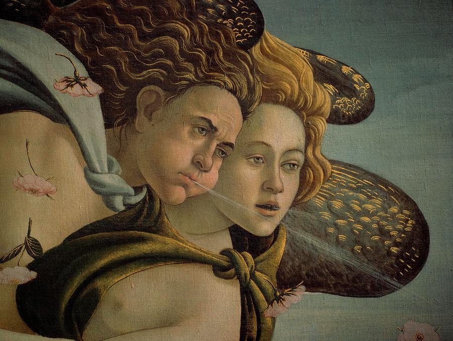 The Birth of Venus detail of the two breezes, 1478, Oil on canvas. SANDRO BOTTICELLI . AEOLUS. Painting by Sandro Botticelli -1445-1510-