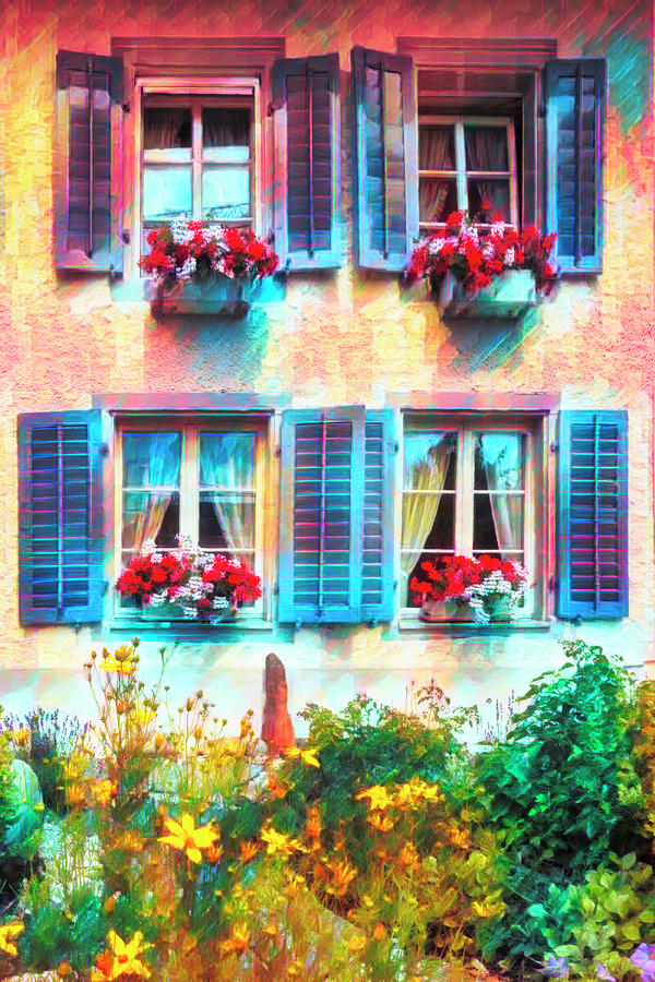 The Blue Shutters Watercolors Painting Photograph by Debra and Dave Vanderlaan