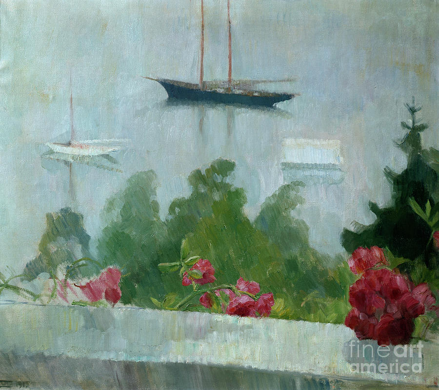 The boat and flowers on the veranda Painting by O Vaering by Erik Werenskiold