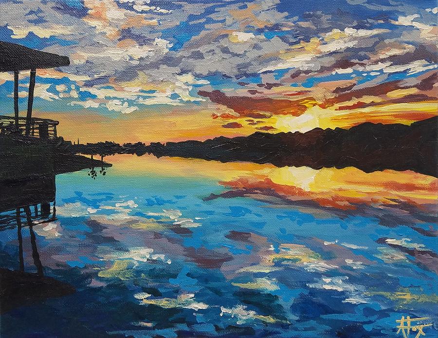 Sunset Painting - The Boathouse by Allison Fox