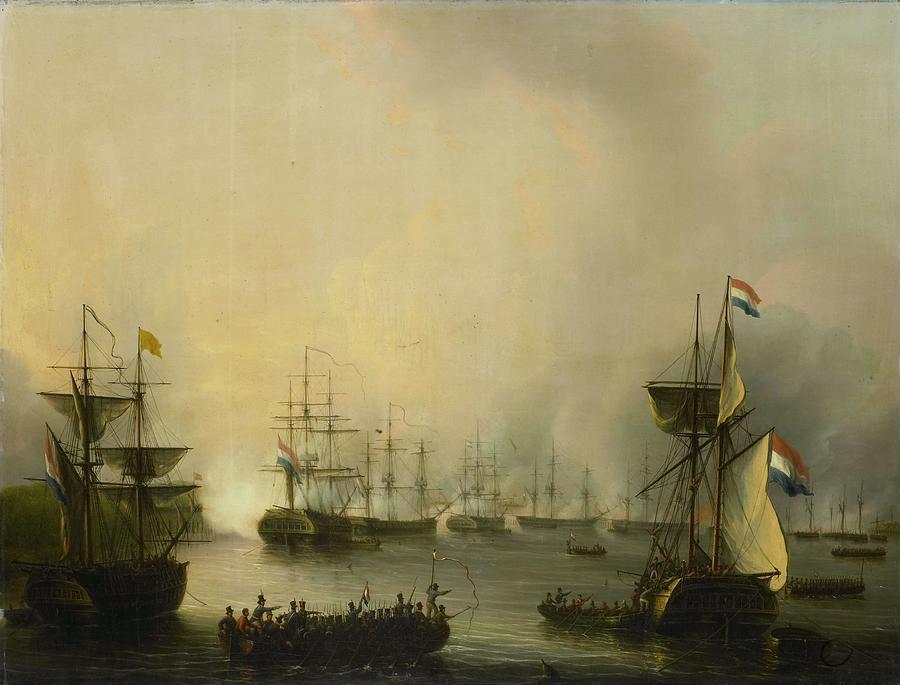 The Bombardment of Palembang, Sumatra, 24 June 1821. Painting by Martinus Schouman -1770-1848-