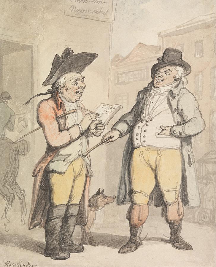 Thomas Rowlandson Drawing - The Bookmaker and his Client outside the Ram Inn, Newmarket by Thomas Rowlandson