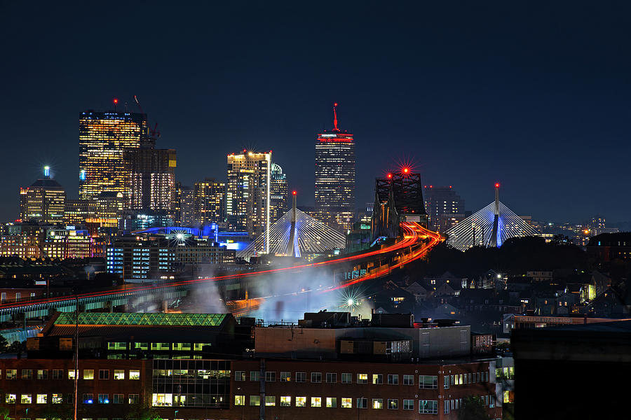 The Boston Skyline lit up in Red Sox Colors Game 1 World Series 2018 Photograph by Toby McGuire