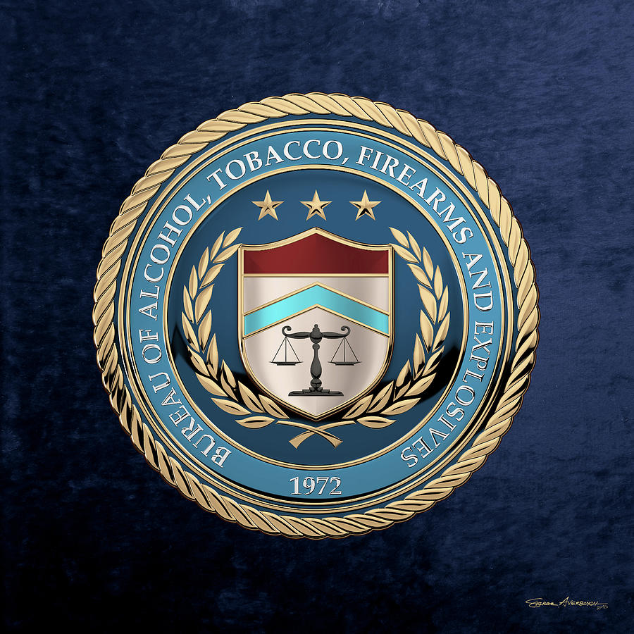Tobacco Digital Art - The Bureau of Alcohol, Tobacco, Firearms and Explosives -  A T  F  Seal over Blue Velvet by Serge Averbukh