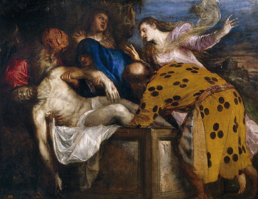 The Burial of Christ, 1572, Italian School, Oil on canvas, 130 c... Painting by Titian -c 1485-1576-
