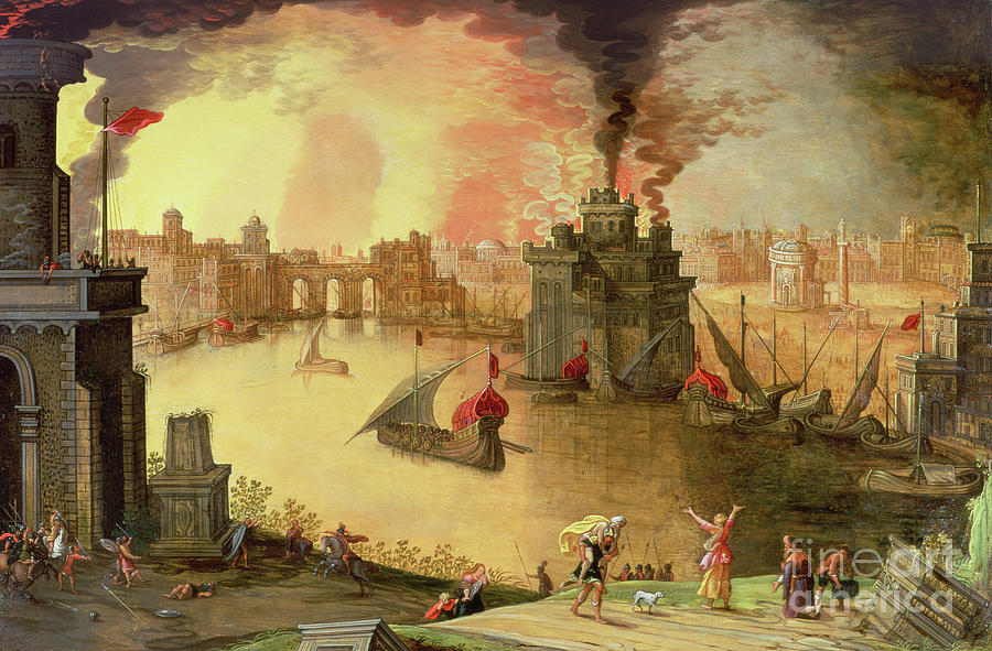 The Burning Of Troy Painting by Louis De Caullery