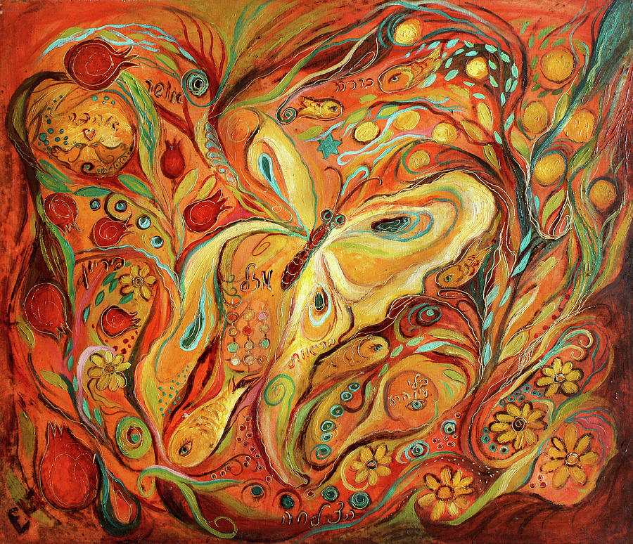 Fantasy Painting - The butterfly and pomegranates by Elena Kotliarker