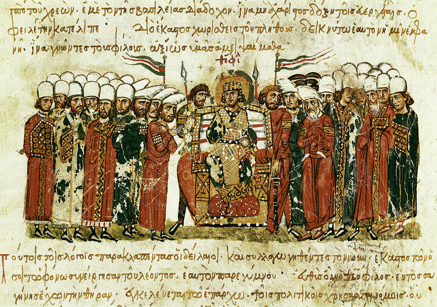Miniature Painting - The Byzantine Emperor Theophile Surrounded By His Courtesans by Byzantine