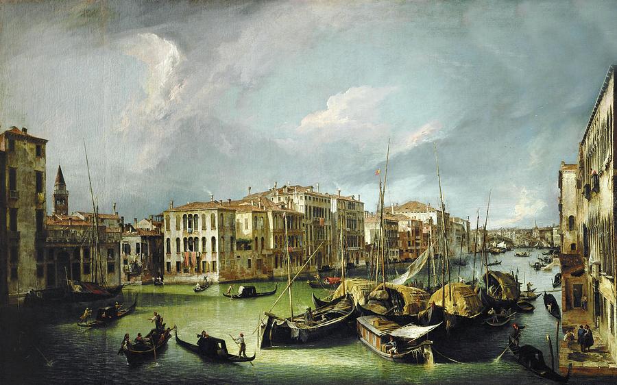 The Canal Grande in Venice with -in far background- the Rialto-bridge. Painting by Canaletto -1697-1768-