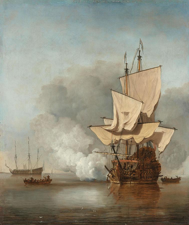The Cannon Shot. Het kanonschot. Painting by Willem van de Velde -II-