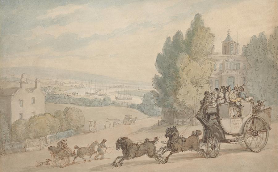 The Canterbury - Dover Coach Passing Vanbrugh Castle Drawing by Thomas Rowlandson