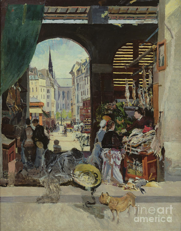 The Carmes Market, Rue Maubert Painting by Emile Antoine Guillier