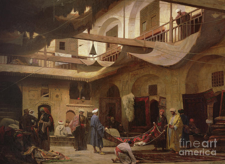 The Carpet Bazaar, Cairo, before 1866  Painting by Louis Claude Mouchot