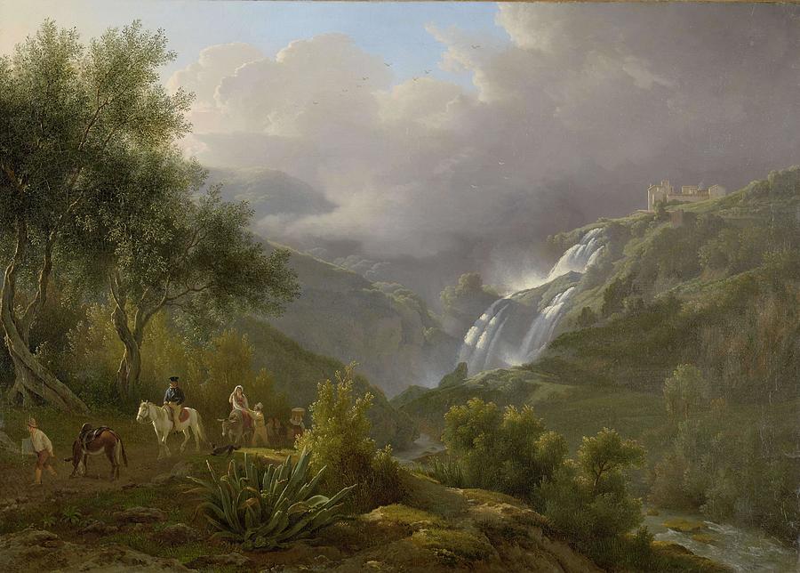 The Cascades at Tivoli, with a Storm Approaching. De Cascatelle bij Tivoli bij opkomend onweer. D... Painting by Abraham Teerlink -1776-1857-