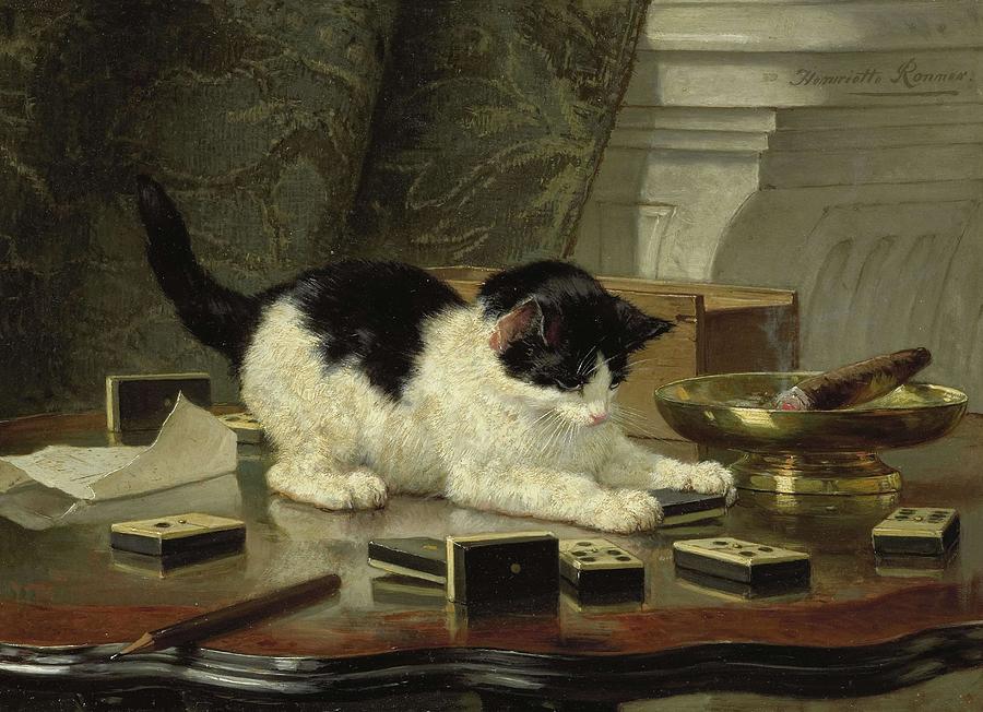 Henriette Ronner Knip Painting - The cat at play. by Henriette Ronner -1821-1909-