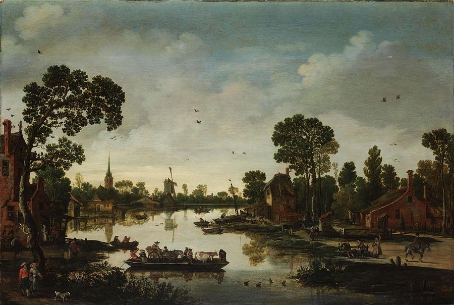 Landscape Painting - The Cattle Ferry. The Ferry. by Esaias Van De Velde