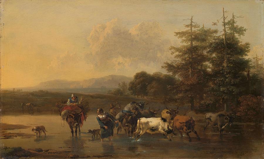 The Cattle Herd. A Herd of Cattle crossing a Ford. Painting by Nicolaes Pietersz Berchem