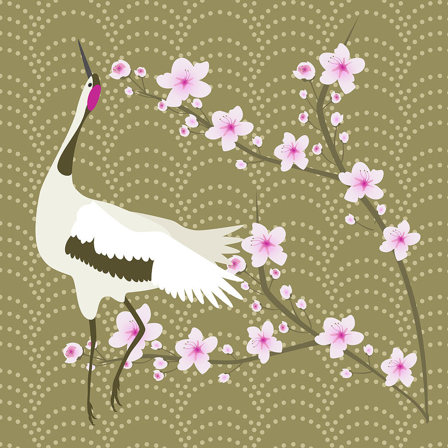 Bird Digital Art - The Cherry Blossom And The Crane by Claire Huntley