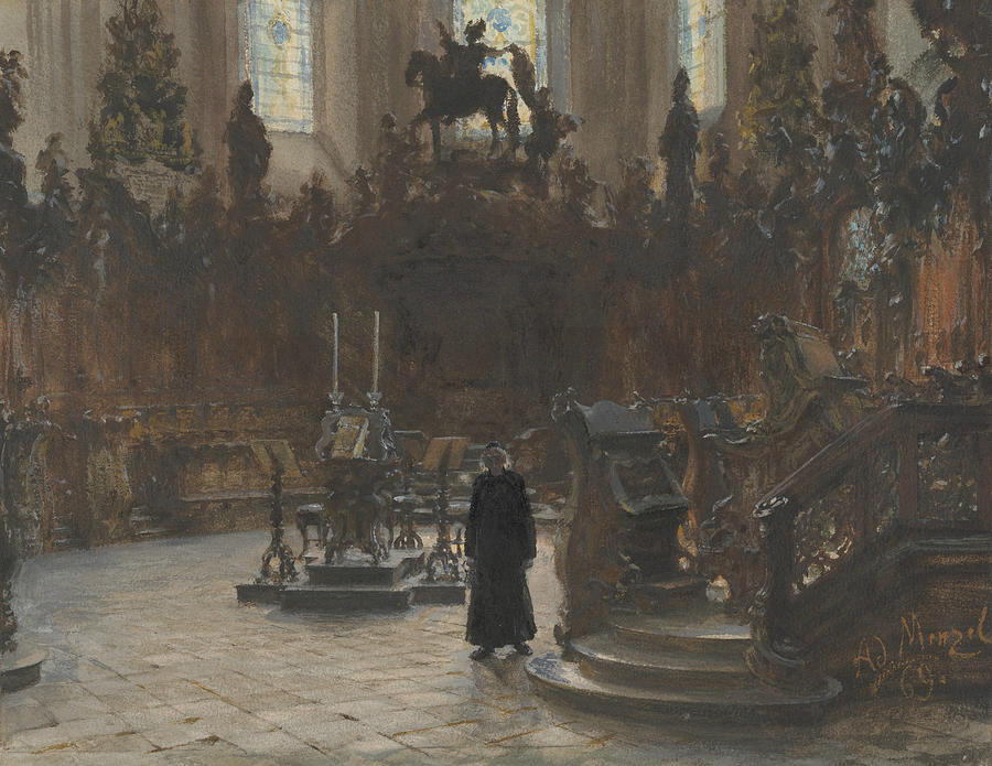 The Choirstalls in the Mainz Cathedral Drawing by Adolph Menzel