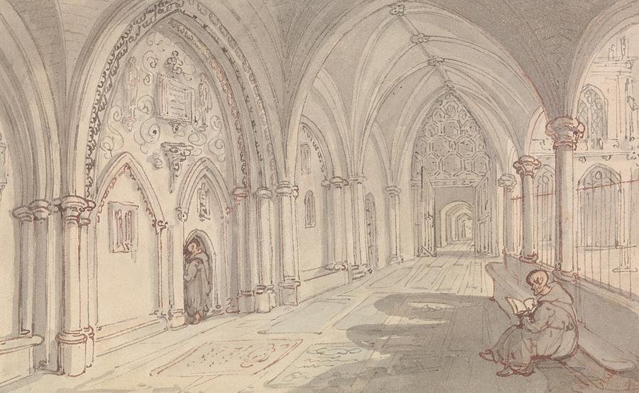The Cloisters of a Monastery Drawing by Thomas Rowlandson