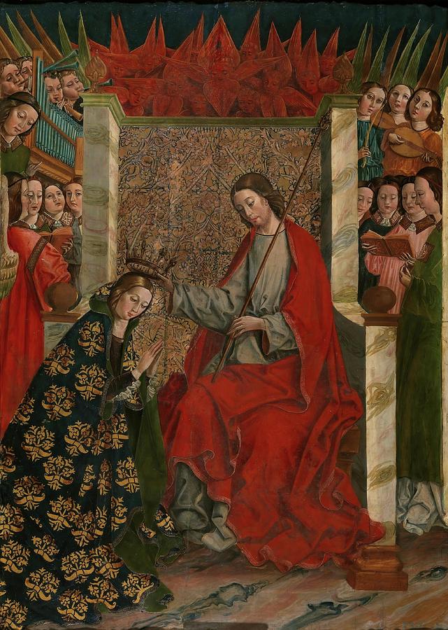 The Coronation of the Virgin. Ca. 1490. Mixed method on panel. Painting by Maestro de las Once Mil Virgenes -fl 1490-1500-