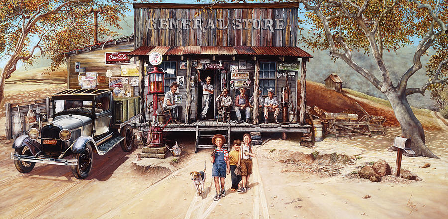 Car Painting - The Country Store Patrons by Les Ray
