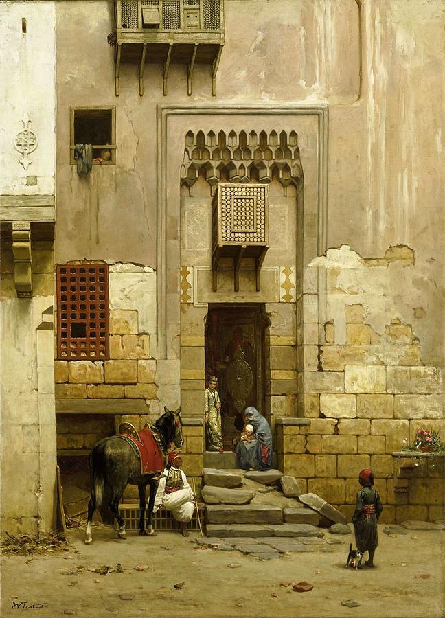 The Courtyard of a house in Cairo. Painting by Willem de Famars Testas -1834-1896- The Courtyard of a house in Cairo. Painting by Willem de Famars Testas -1834-1896-