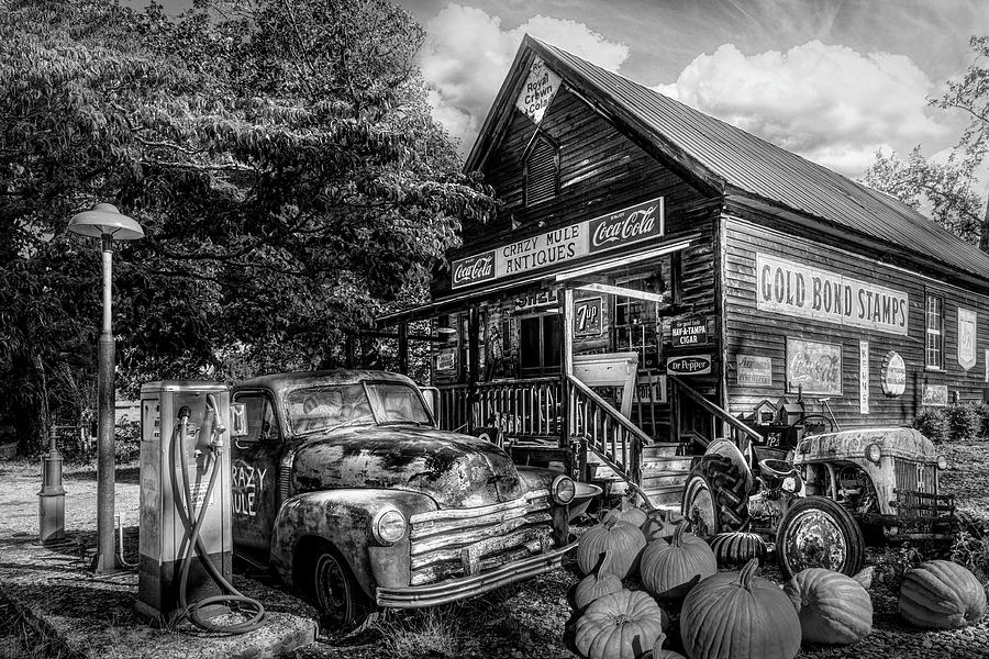 Barn Photograph - The Crazy Mule Antiques in Black and White by Debra and Dave Vanderlaan
