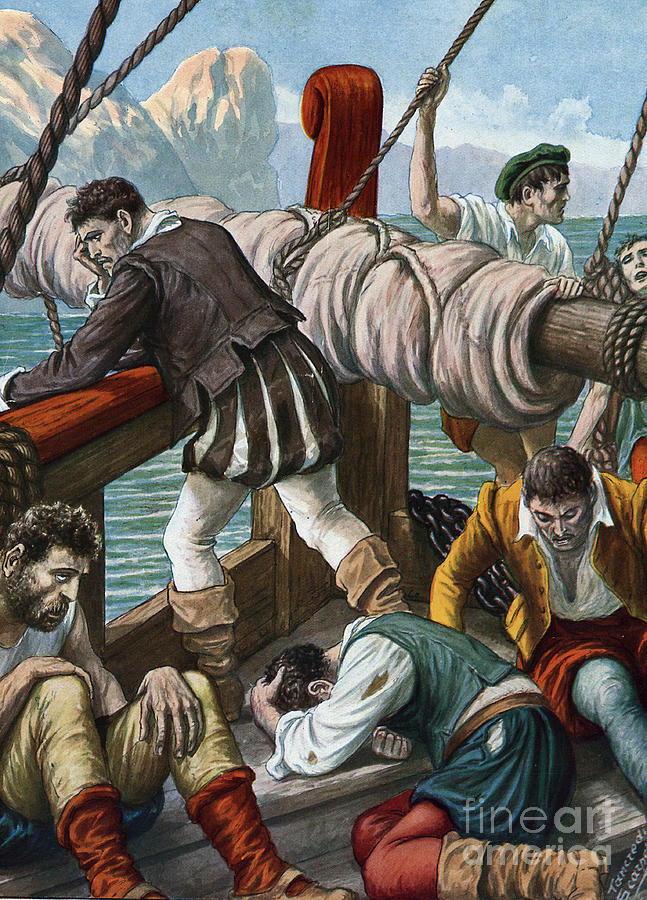 The Crew Of The Ship Of Fernand De Magellan The Trinidad Remains Blocked At  The Moluccas On The Return To Spain At Magellan's Death, Is Decime By  Hunger And Disease, 1521 by