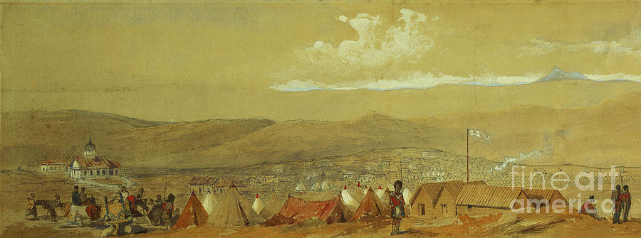 Transportation Painting - The Crimea: Panoramic View Of Sebastopol Showing The Military Encampments And The Harbour; And A Panoramic View Of Inkerman Showing A Military Encampment And Cavalry At Dawn by William crimea Simpson