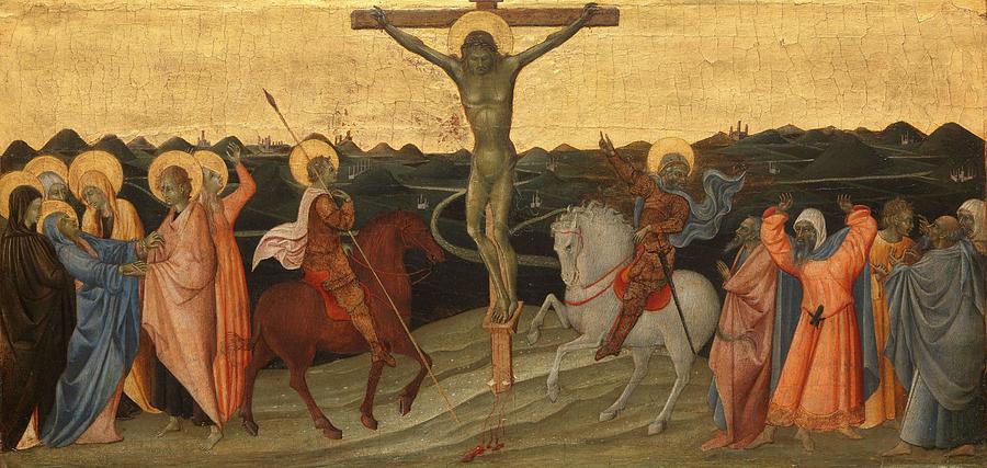 The Crucifixion. The Crucifixion with Mary, John, Mary Magdalene, St Longinus and the Converted C... Painting by Giovanni di Paolo di Grazia