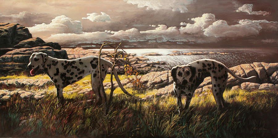 The dalmatians Fryda and Damina at the coast Painting by Hans Egil Saele