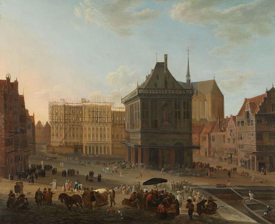 The Dam in Amsterdam with the new Town Hall under Construction. Painting by Jacob van der Ulft